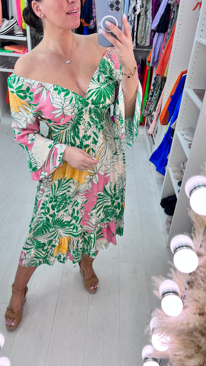 Cornetto Vibrant Floral Print Ruffle Hem Dress