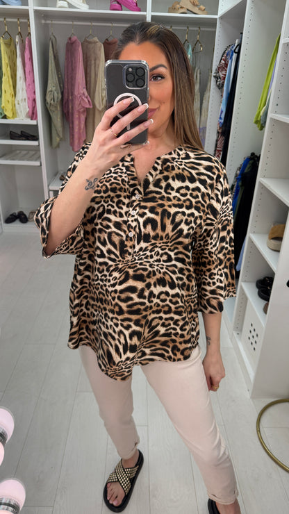 Kayleigh Leopard Print V Neck Loose Fit Top