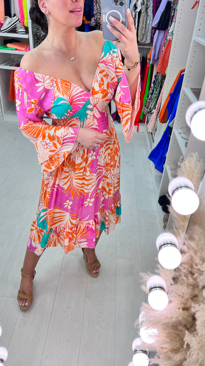 Cornetto Vibrant Floral Print Ruffle Hem Dress