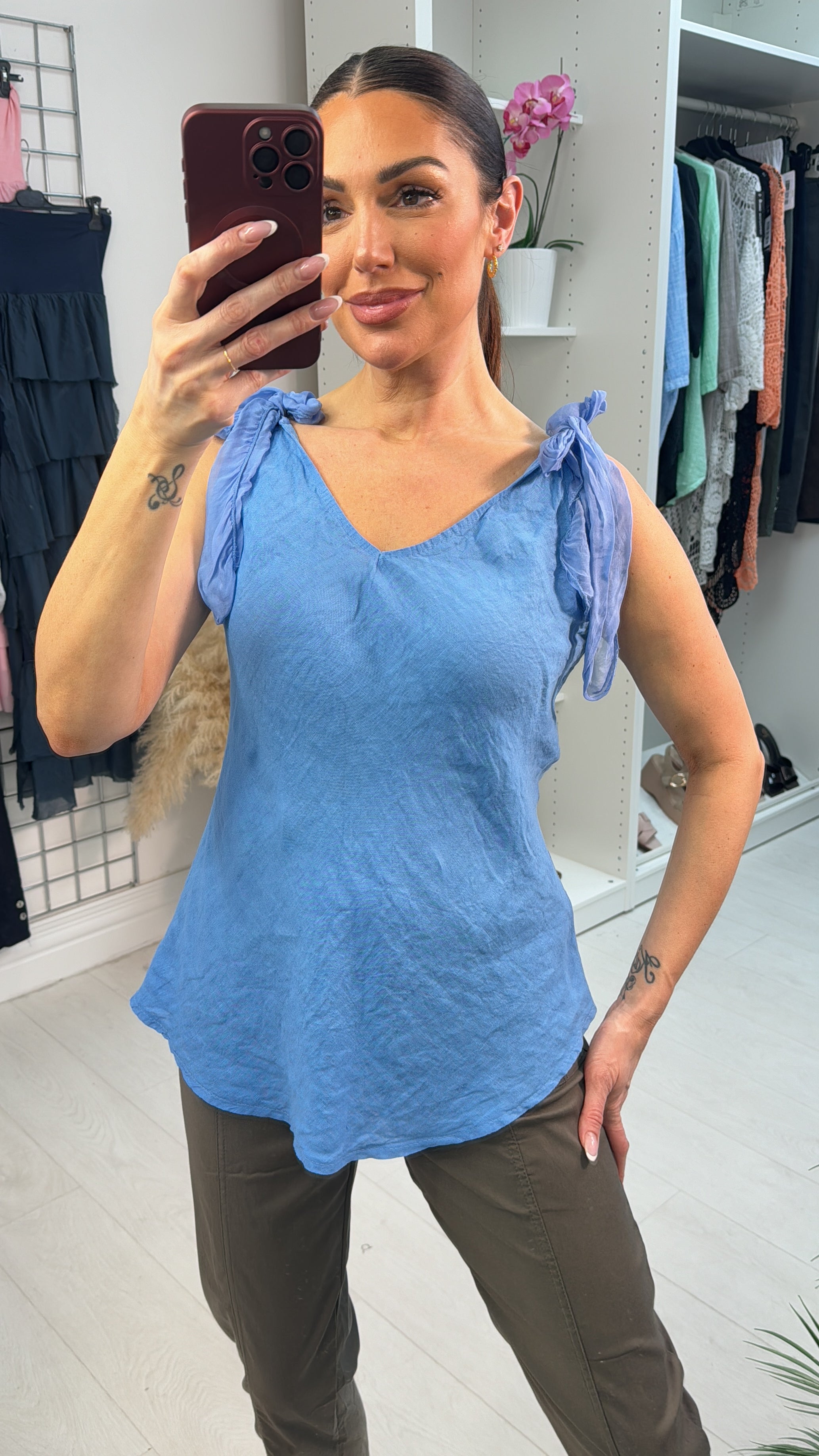 Jaeda Linen Tie Shoulder V Neck Top