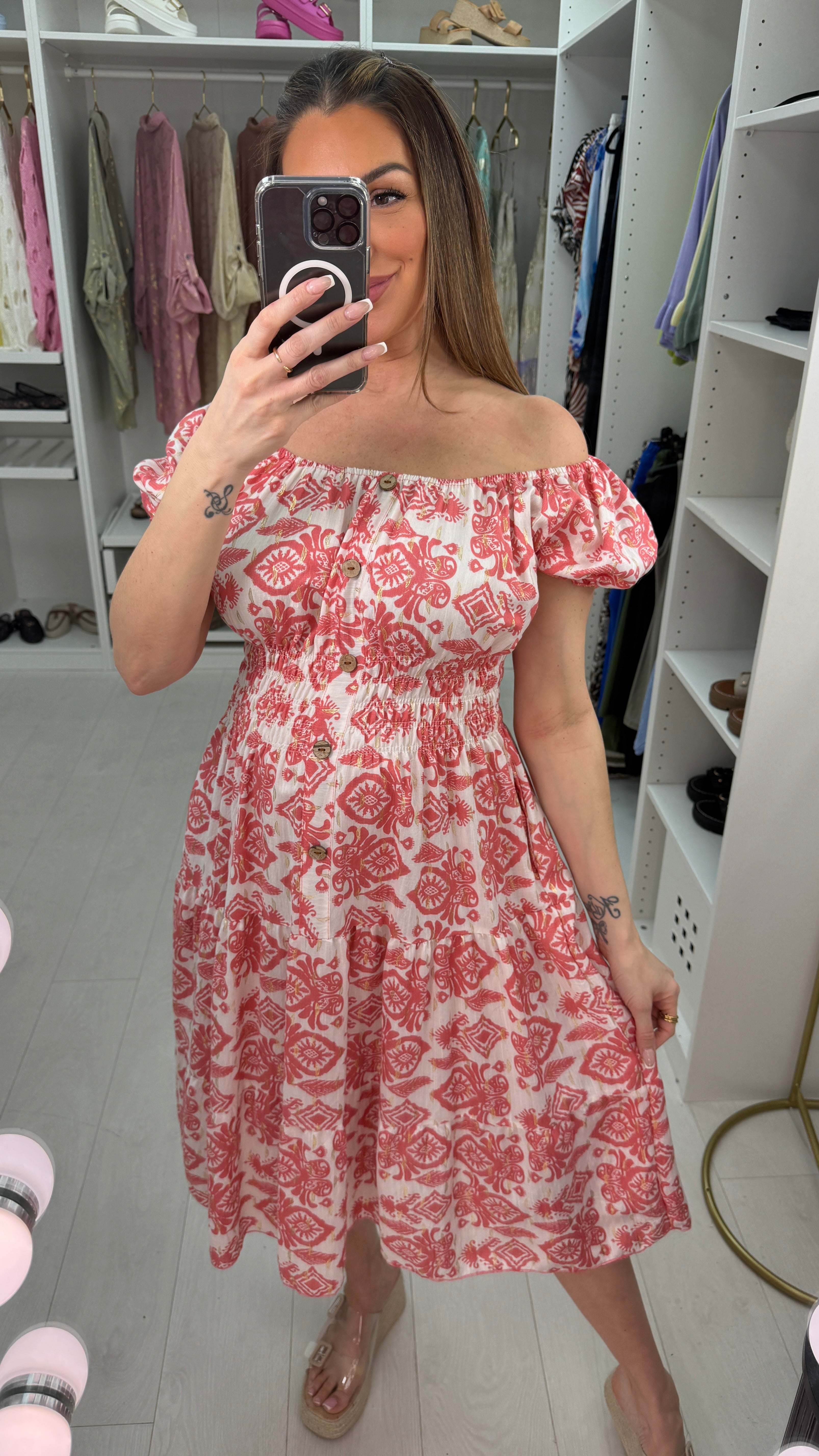 Roslin Aztec Print Button Detail Midi Dress