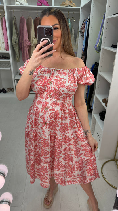 Roslin Aztec Print Button Detail Midi Dress