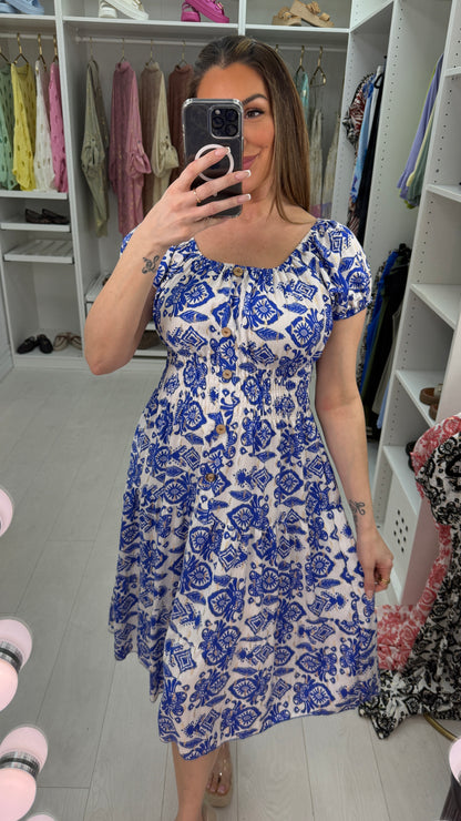 Roslin Aztec Print Button Detail Midi Dress