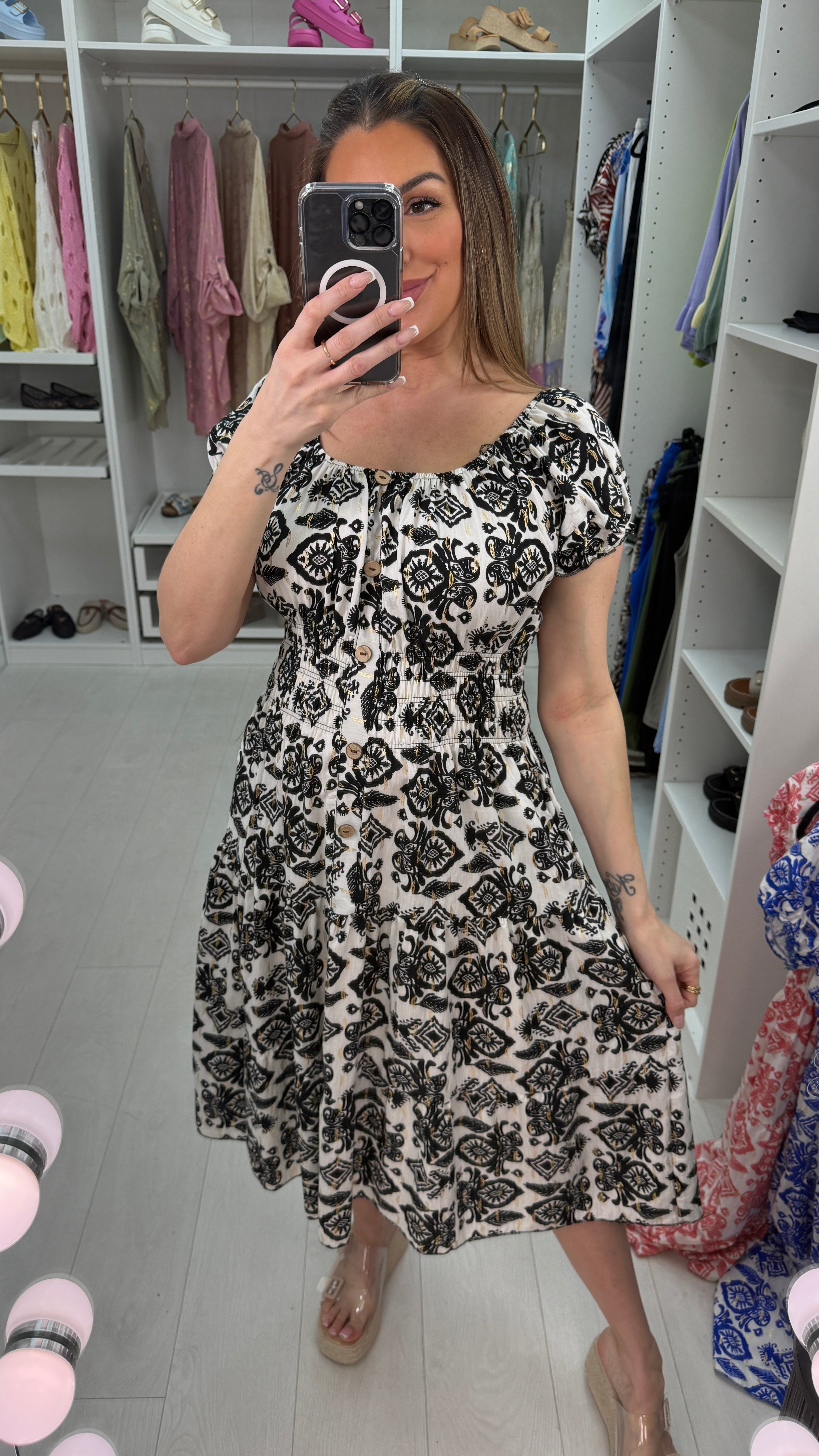 Roslin Aztec Print Button Detail Midi Dress