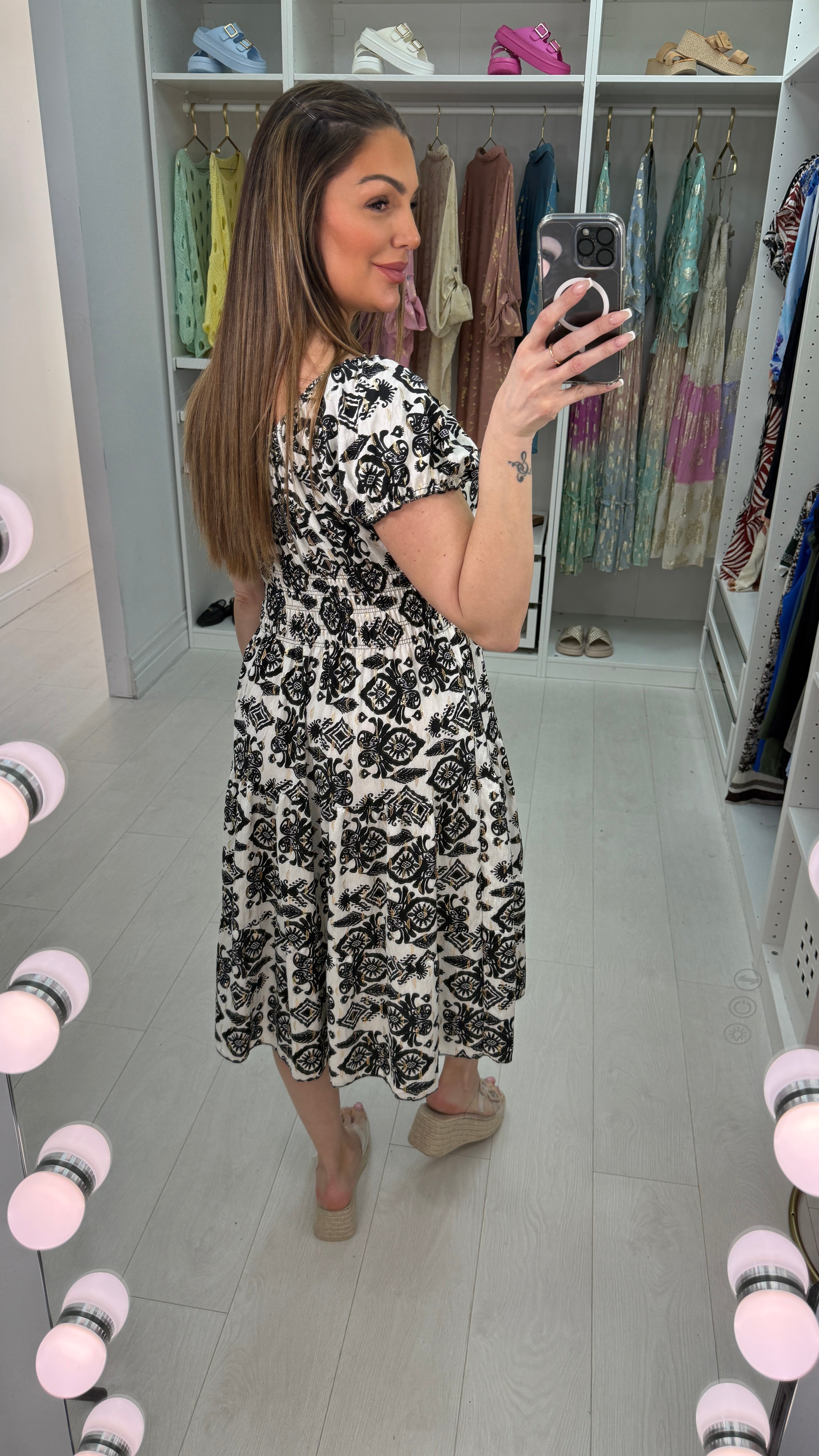 Roslin Aztec Print Button Detail Midi Dress