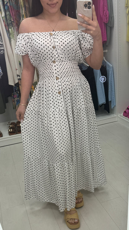 Jena Polka Dot Shirred Waist Maxi Dress