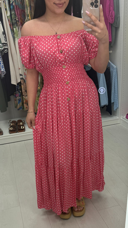 Jena Polka Dot Shirred Waist Maxi Dress