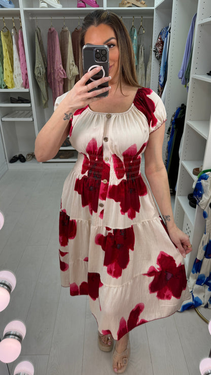 Emery Watercolour Floral Print Shirred Waist Dress