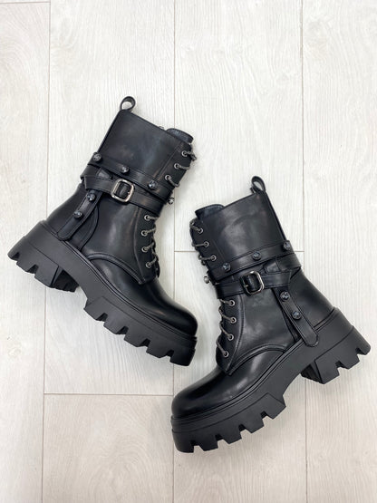 Atilio Faux Leather Diamante Lace Jewel Studded Biker Boots