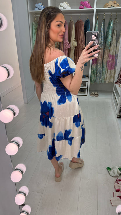 Emery Watercolour Floral Print Shirred Waist Dress