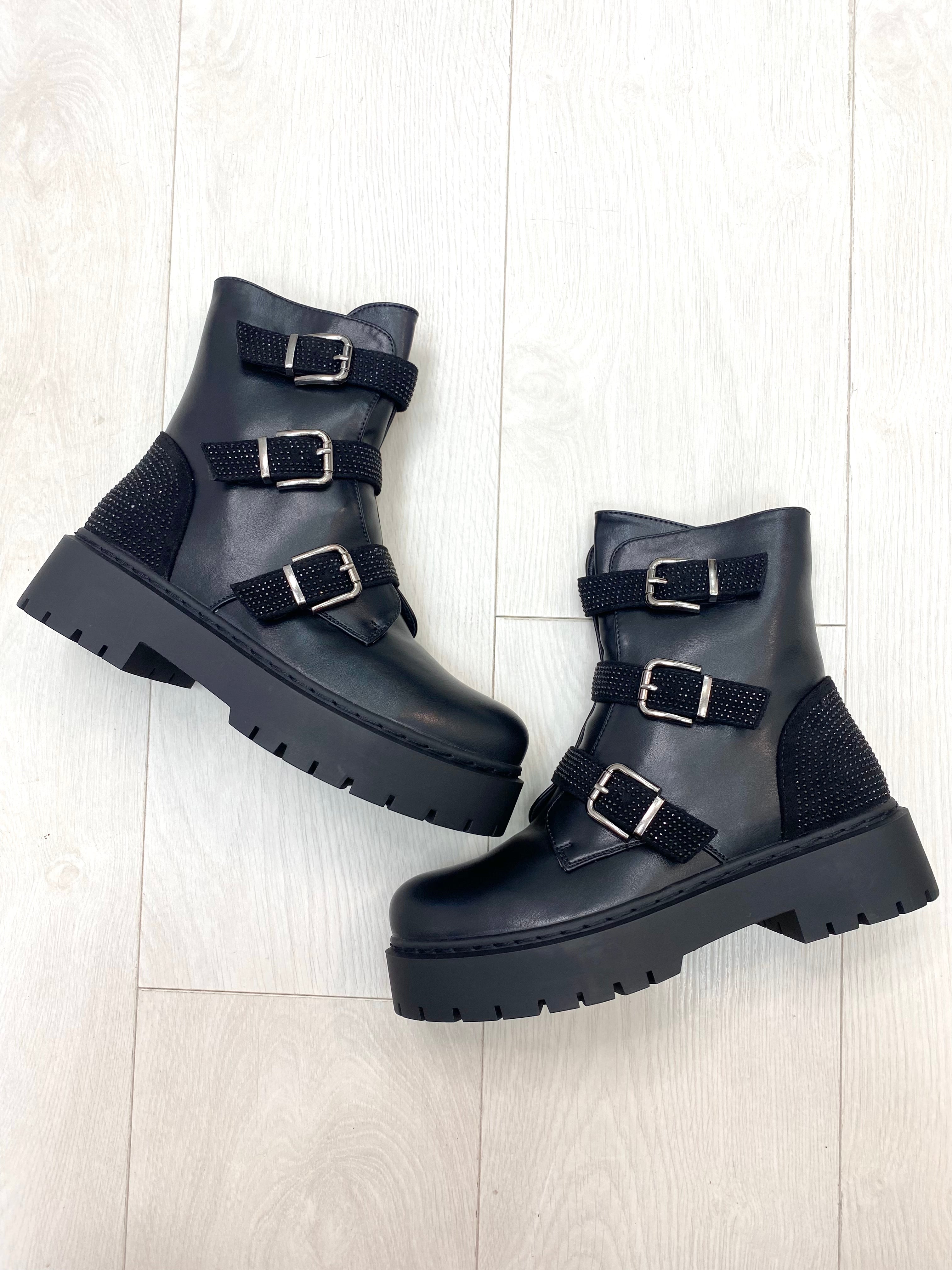 Gaspar Black Faux Leather Buckle Detailed Biker Boots