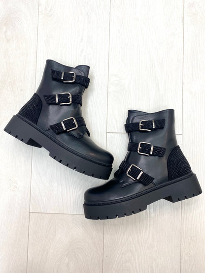 Gaspar Black Faux Leather Buckle Detailed Biker Boots
