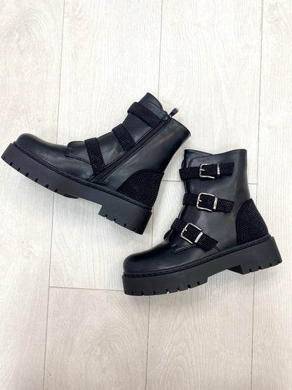 Gaspar Black Faux Leather Buckle Detailed Biker Boots