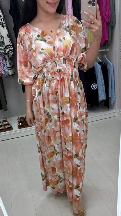 Cynthia Floral Print Shirred Waist Magic Maxi Dress