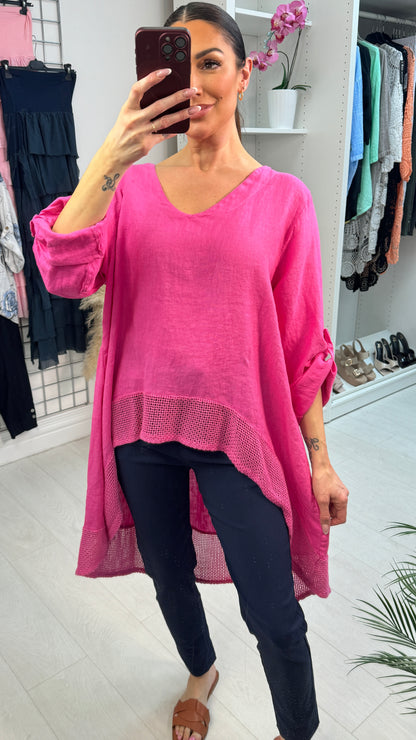 Judey Plain Crochet Dipped Hem Longline Linen Top