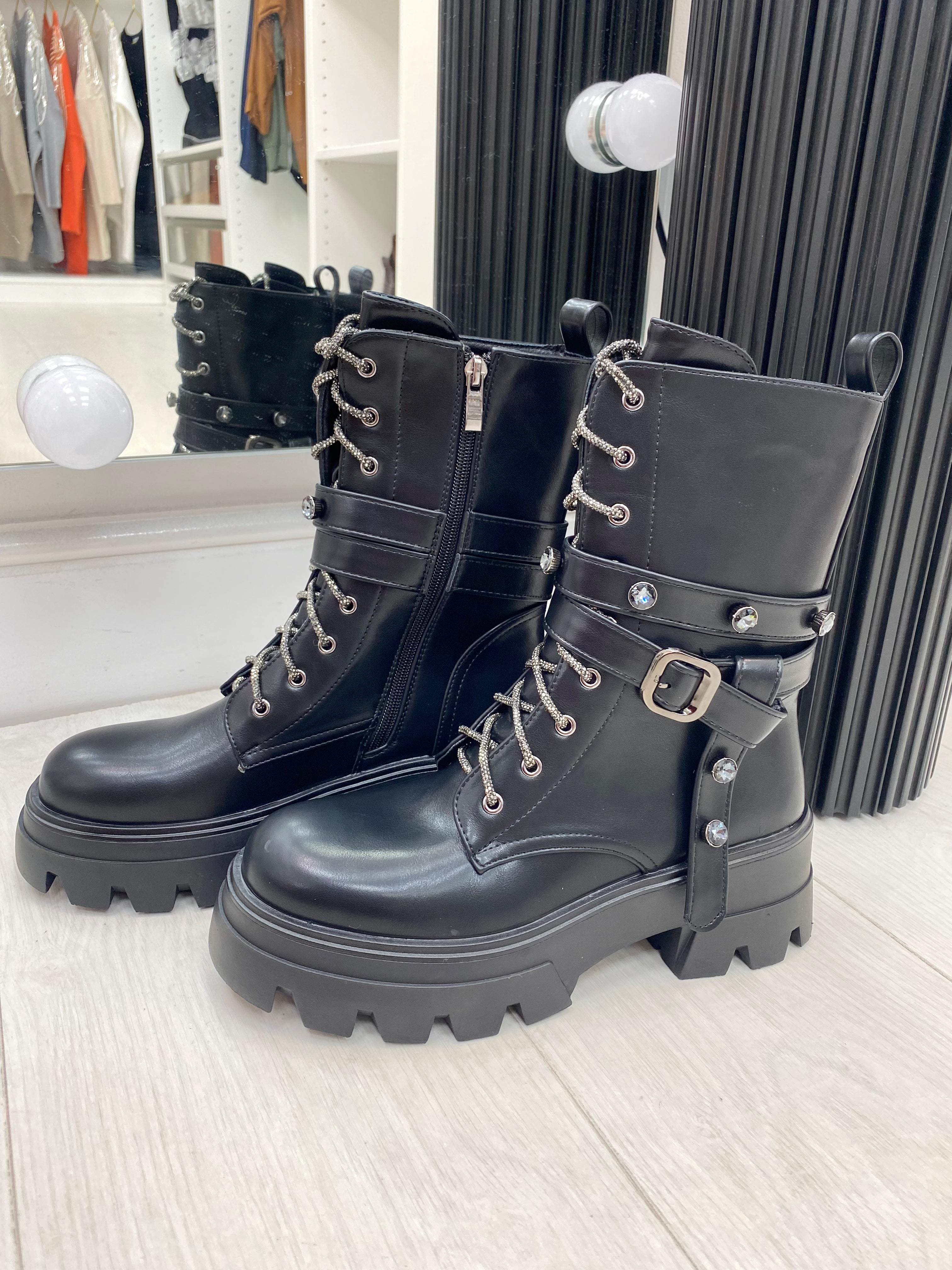 Atilio Faux Leather Diamante Lace Jewel Studded Biker Boots