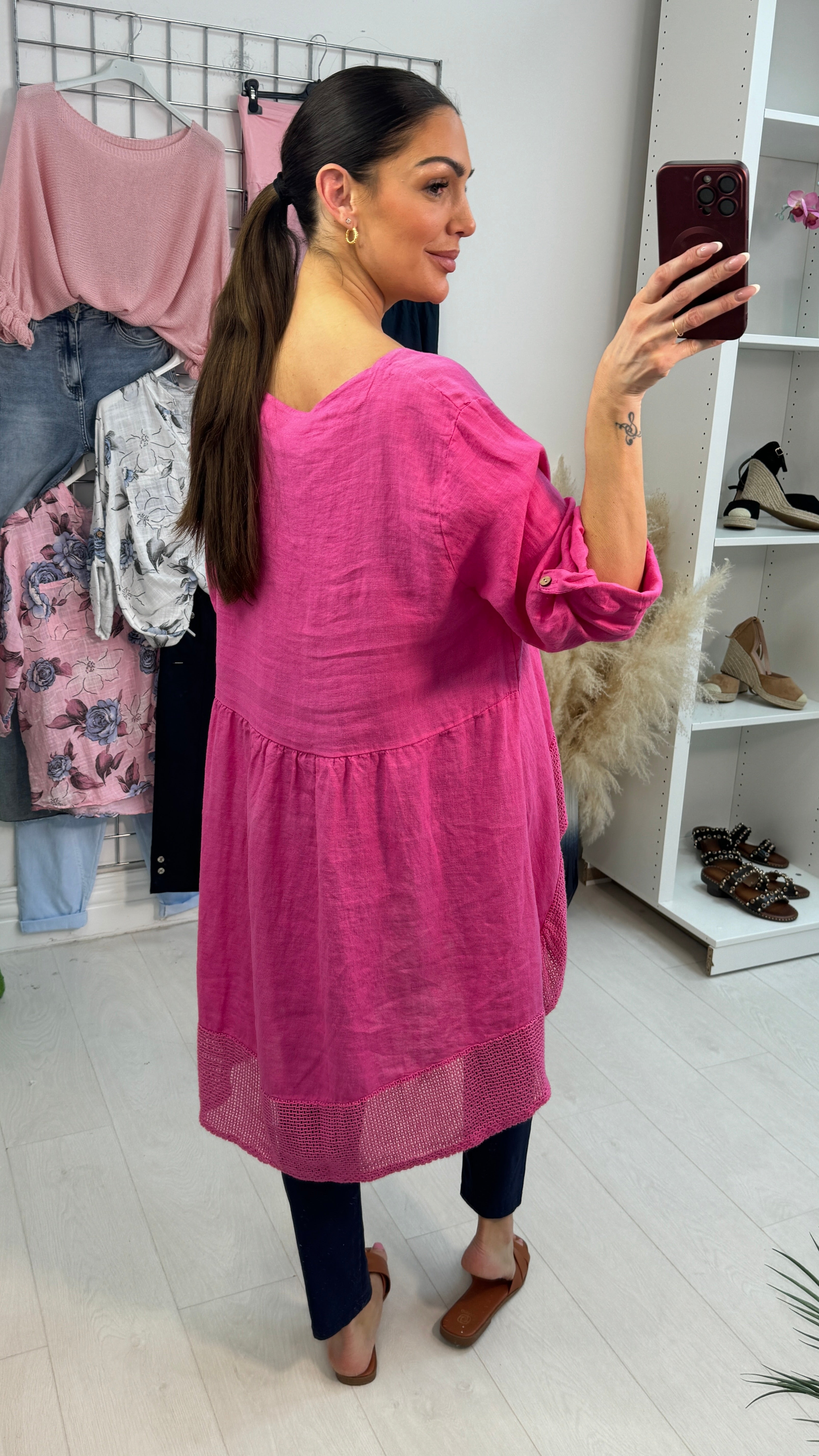 Judey Plain Crochet Dipped Hem Longline Linen Top