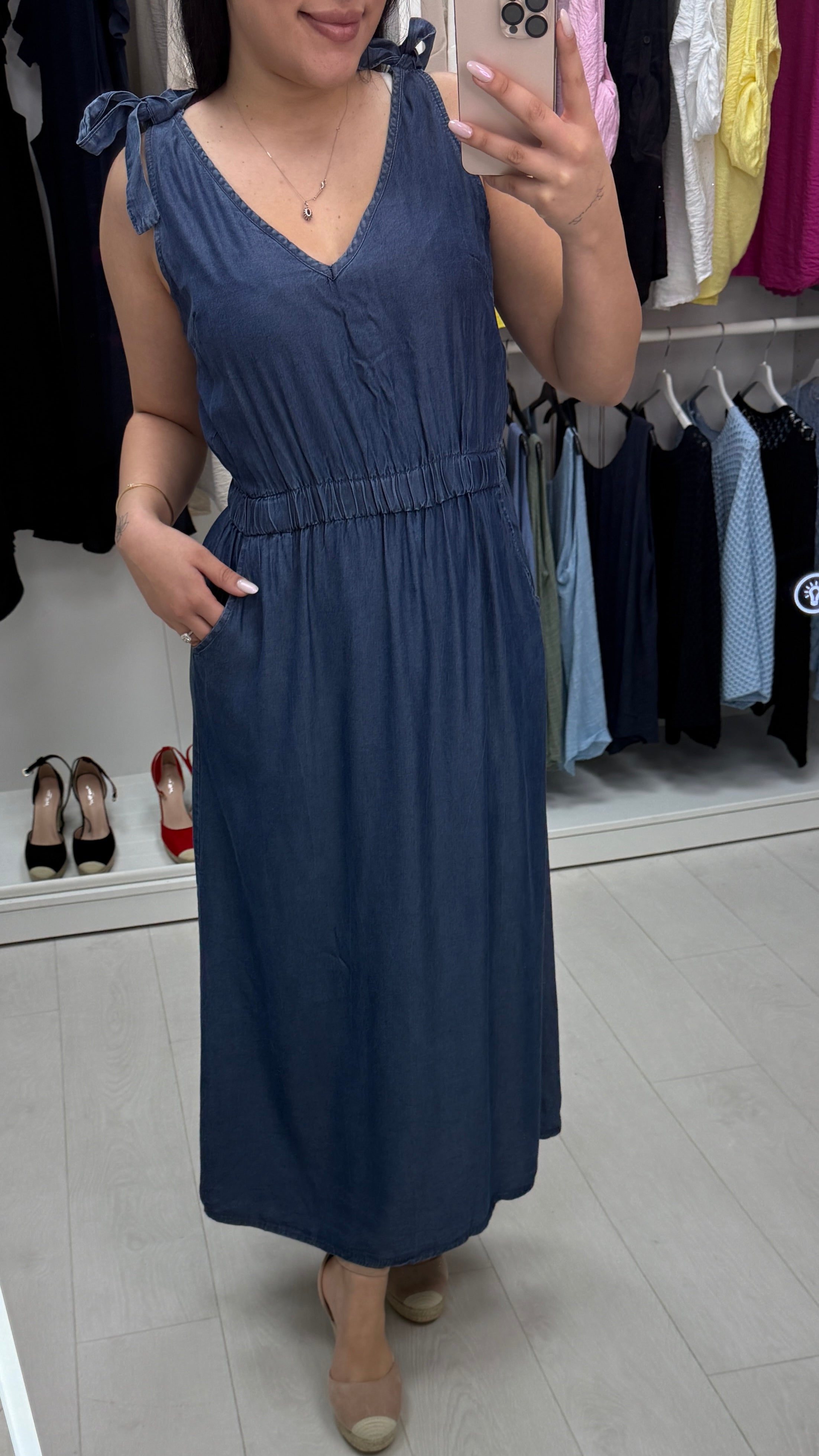 Liza Dark Denim Elasticated Tie Shoulder Maxi Dress