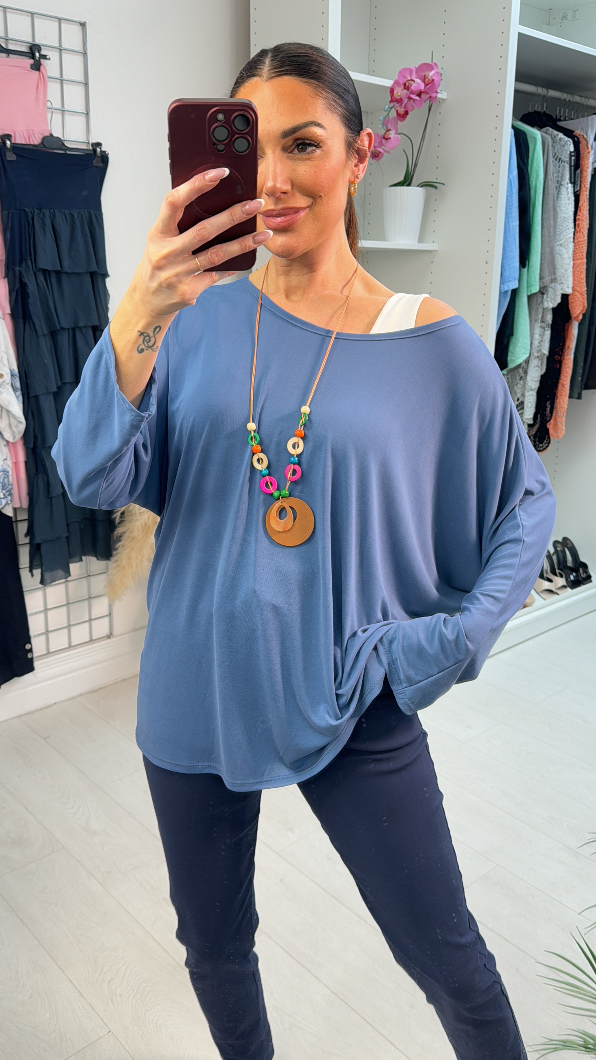 Gelina Plain Necklace Batwing Sleeve Super Soft Top