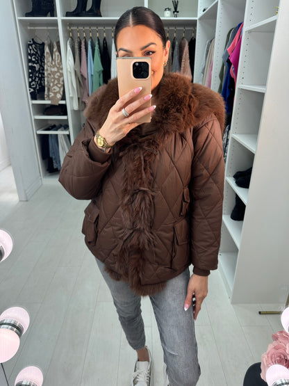 Olympia Chocolate Short Quilted Faux Fur Trim Coat