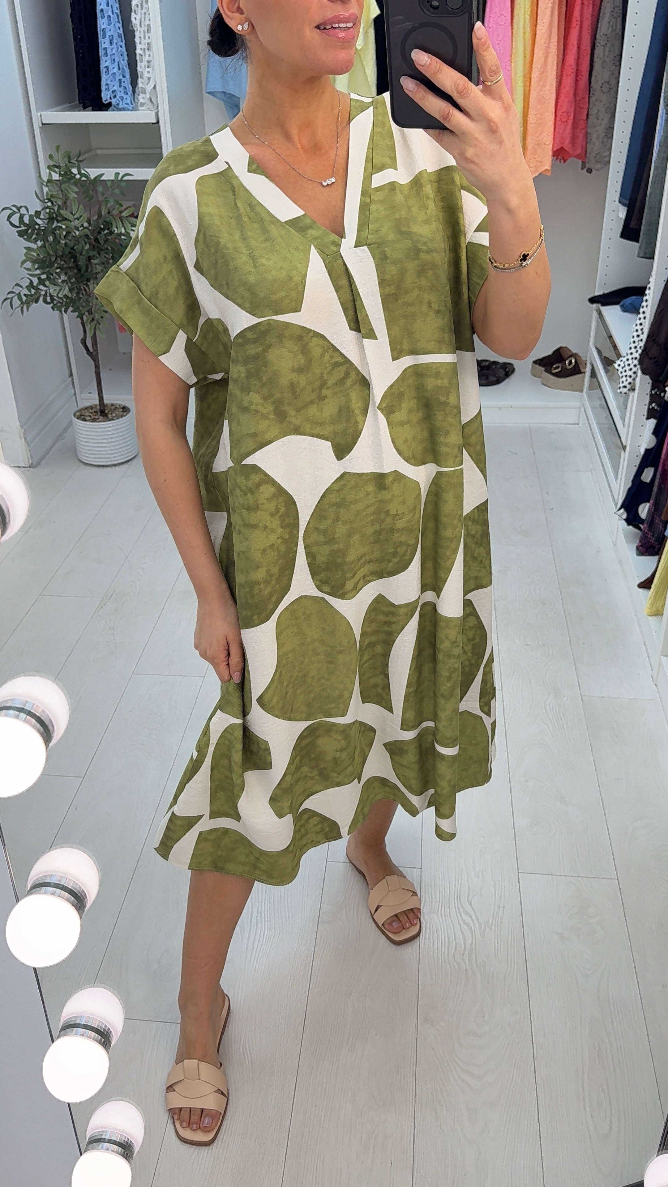 Veronia Abstract Print V Neck Loose Fit Dress