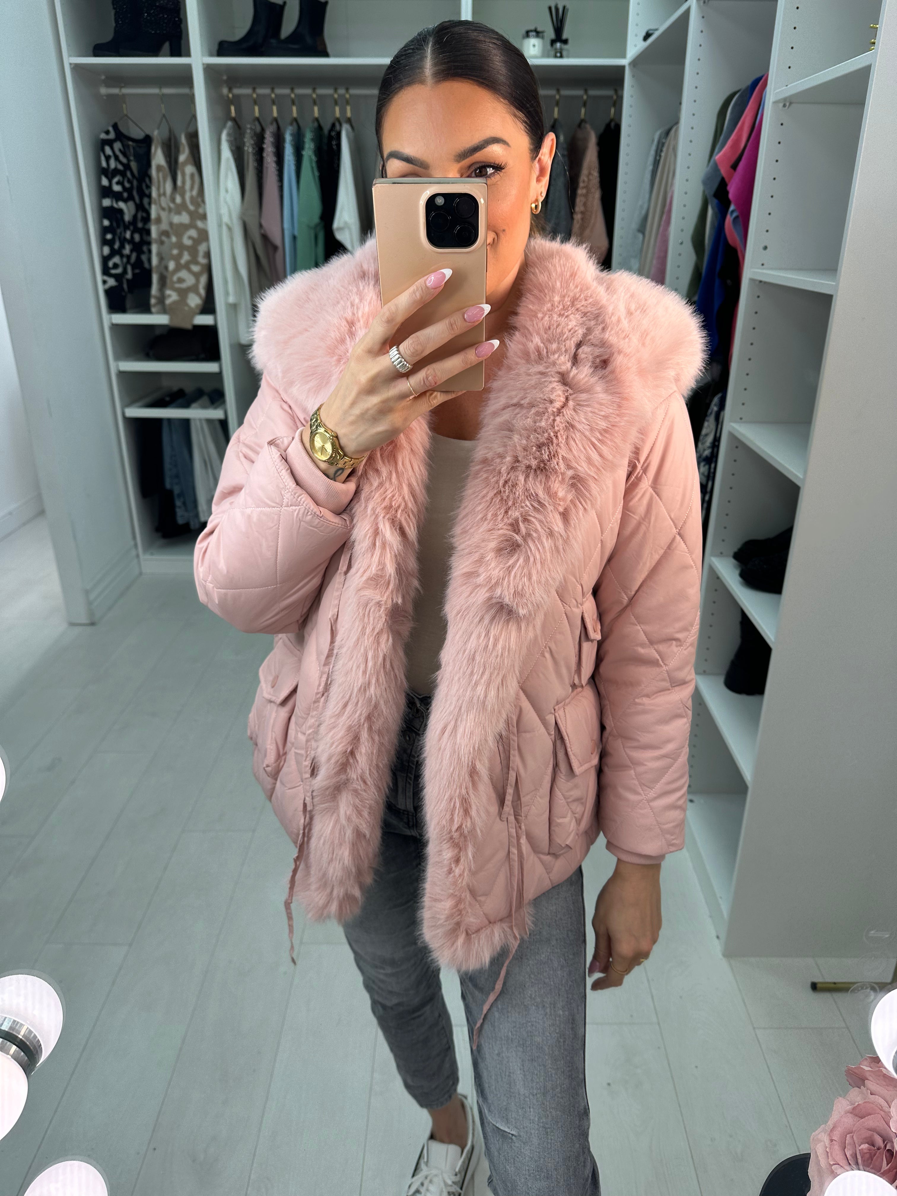 Pink hooded faux fur coat sales