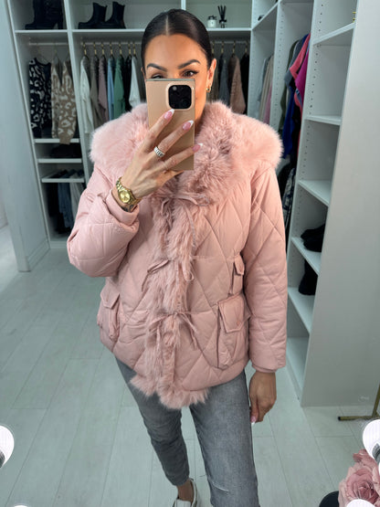 Olympia Pink Short Quilted Faux Fur Trim Coat