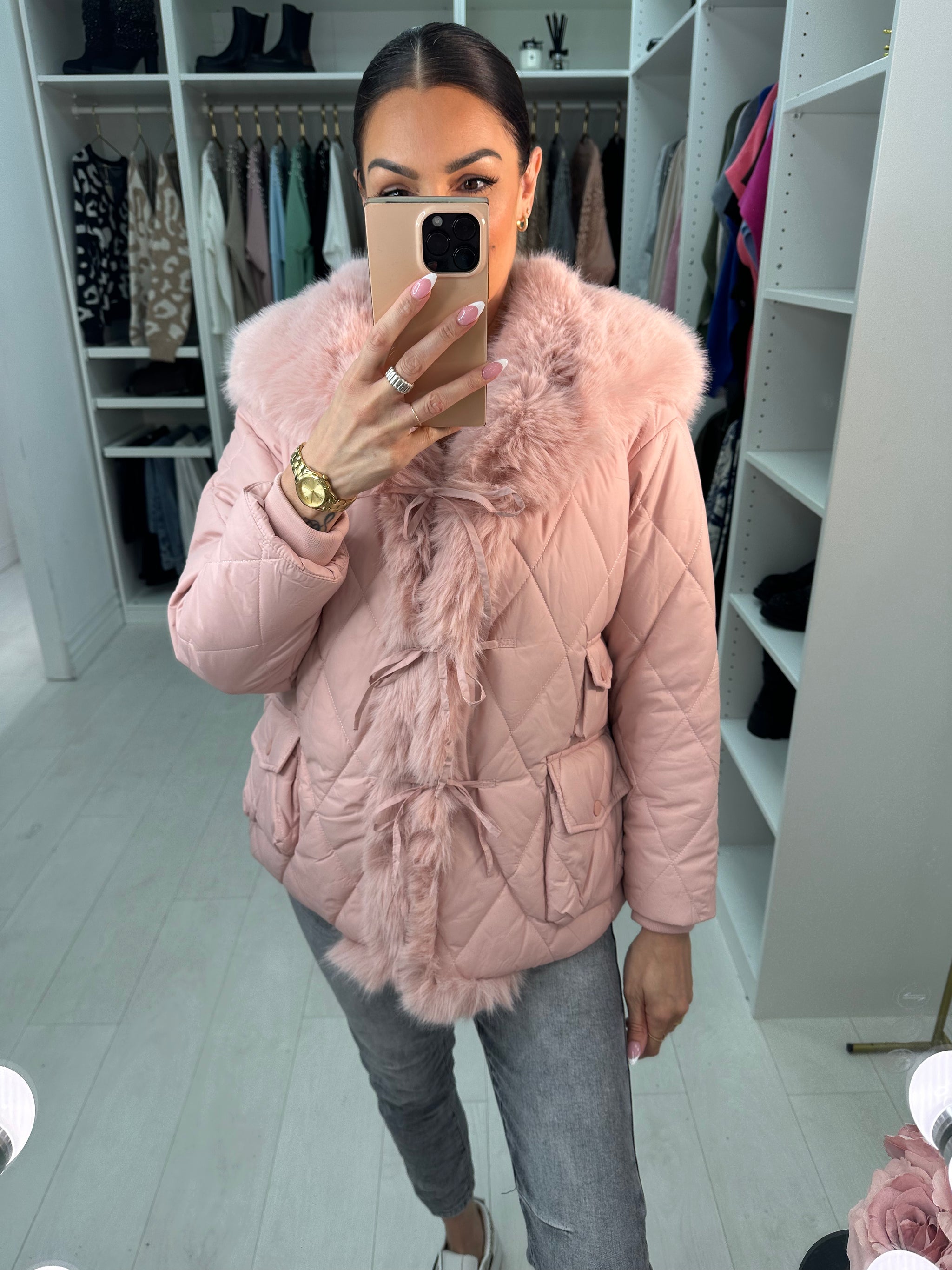 epine fur ribbon quilting short downcoat epine◇fur ribbon