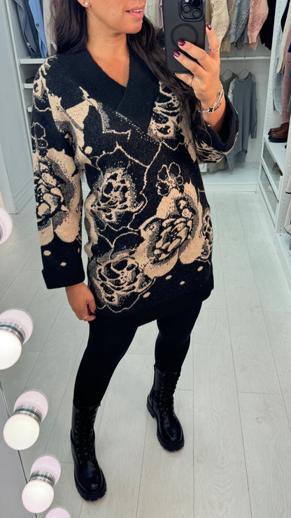 Haylie Flower Pattern V-Neck Longline Jumper