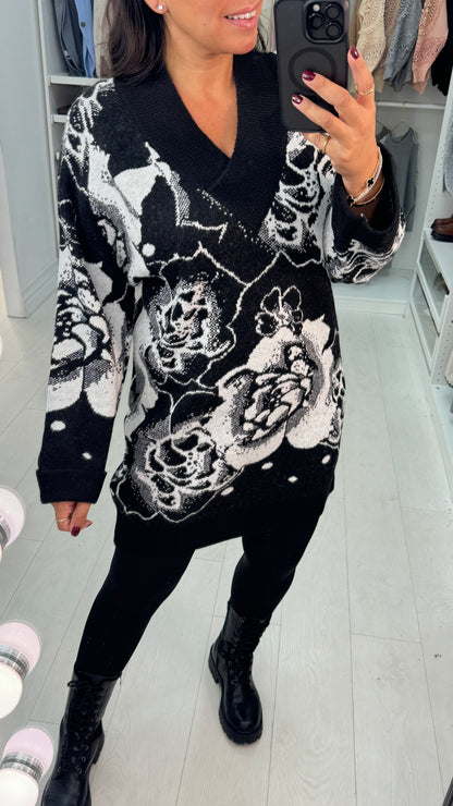 Haylie Flower Pattern V-Neck Longline Jumper