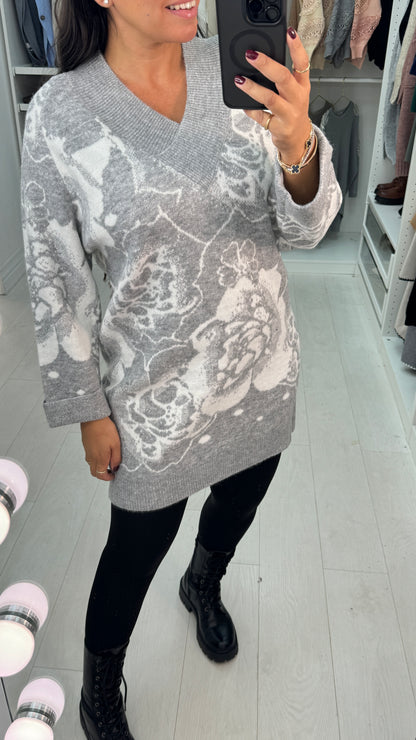 Haylie Flower Pattern V-Neck Longline Jumper