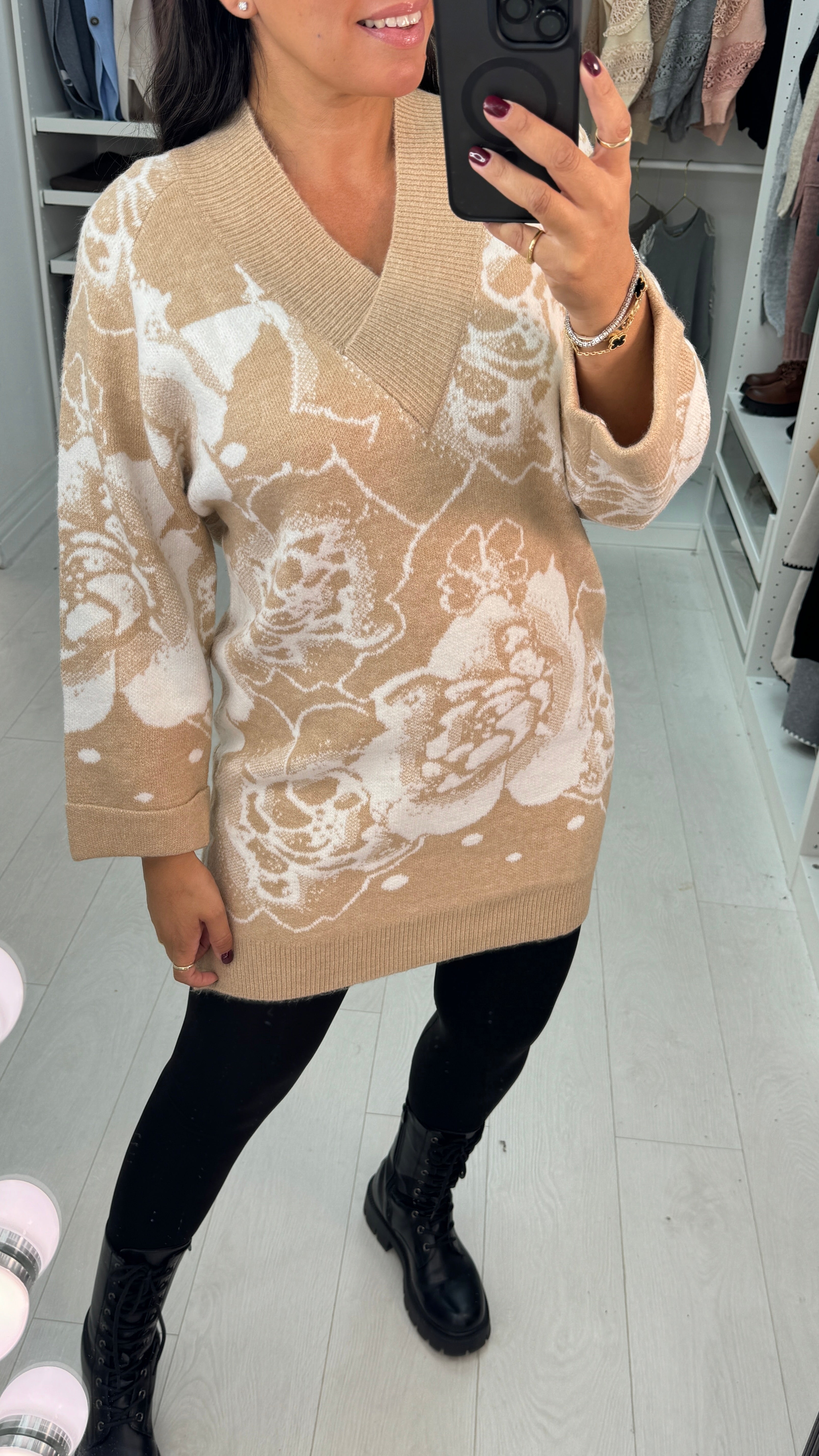 Haylie Flower Pattern V-Neck Longline Jumper