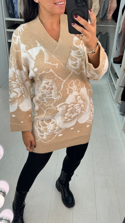 Haylie Flower Pattern V-Neck Longline Jumper