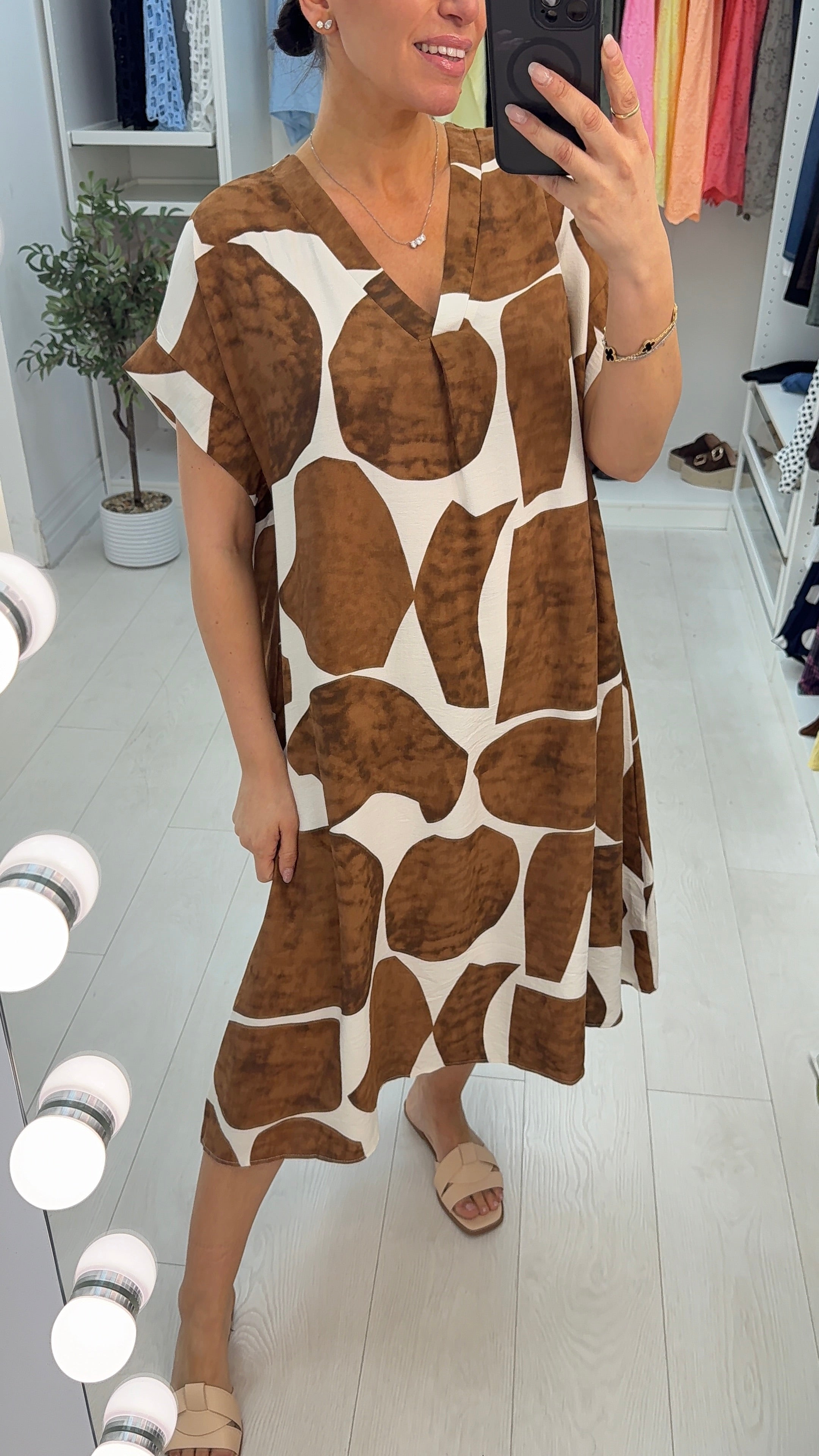 Veronia Abstract Print V Neck Loose Fit Dress