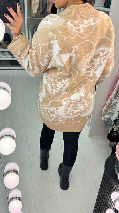 Haylie Flower Pattern V-Neck Longline Jumper