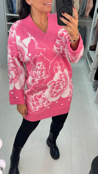 Haylie Flower Pattern V-Neck Longline Jumper