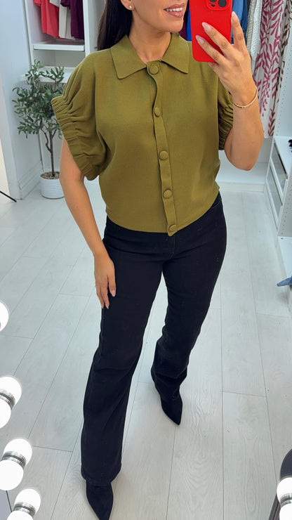 Calluna Plain Button Front Ruched Sleeve Jumper