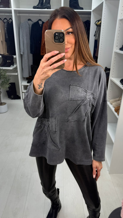 Cosette Grey Acid Wash Bow Detailed Sweatshirt