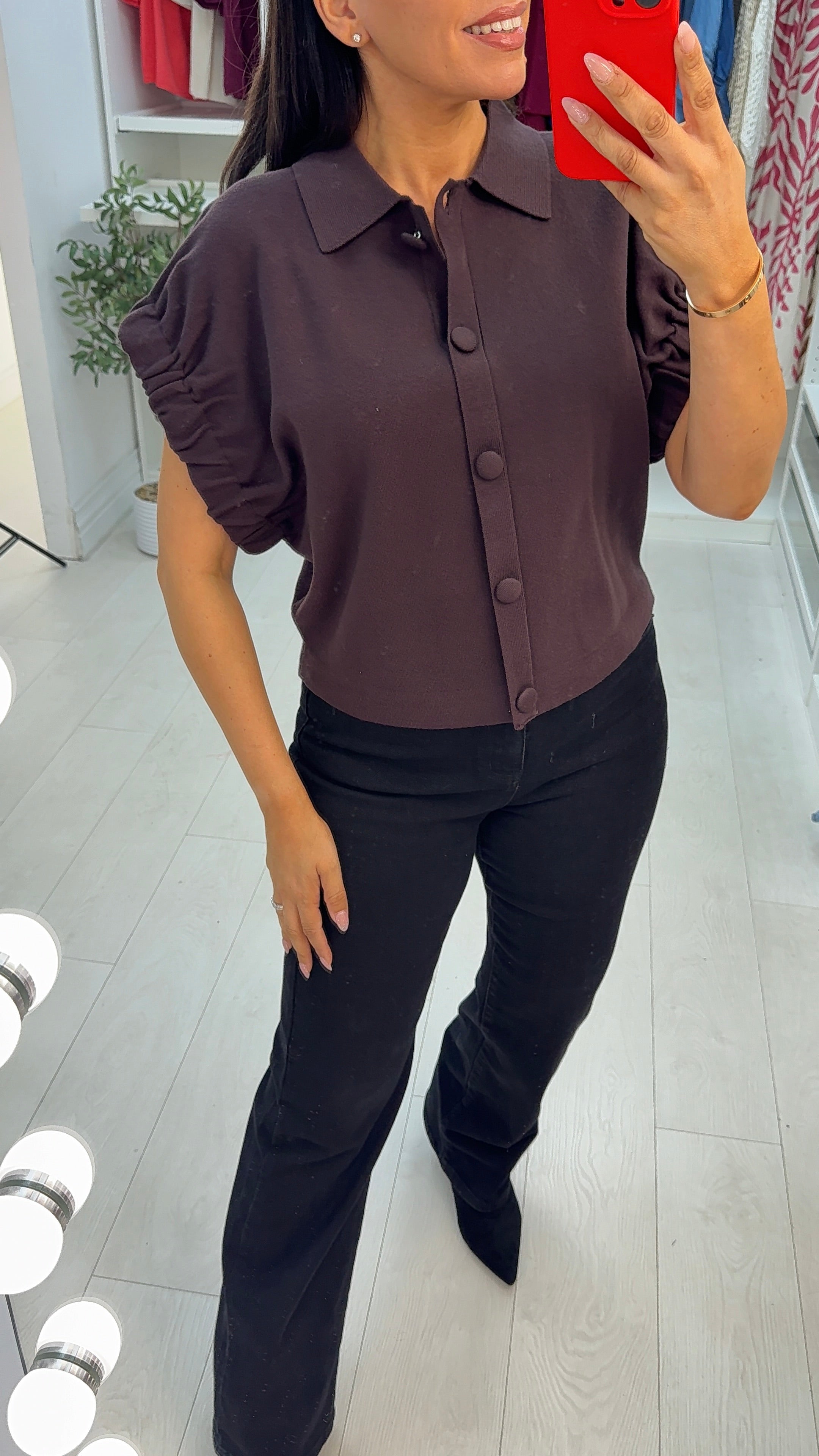 Calluna Plain Button Front Ruched Sleeve Jumper