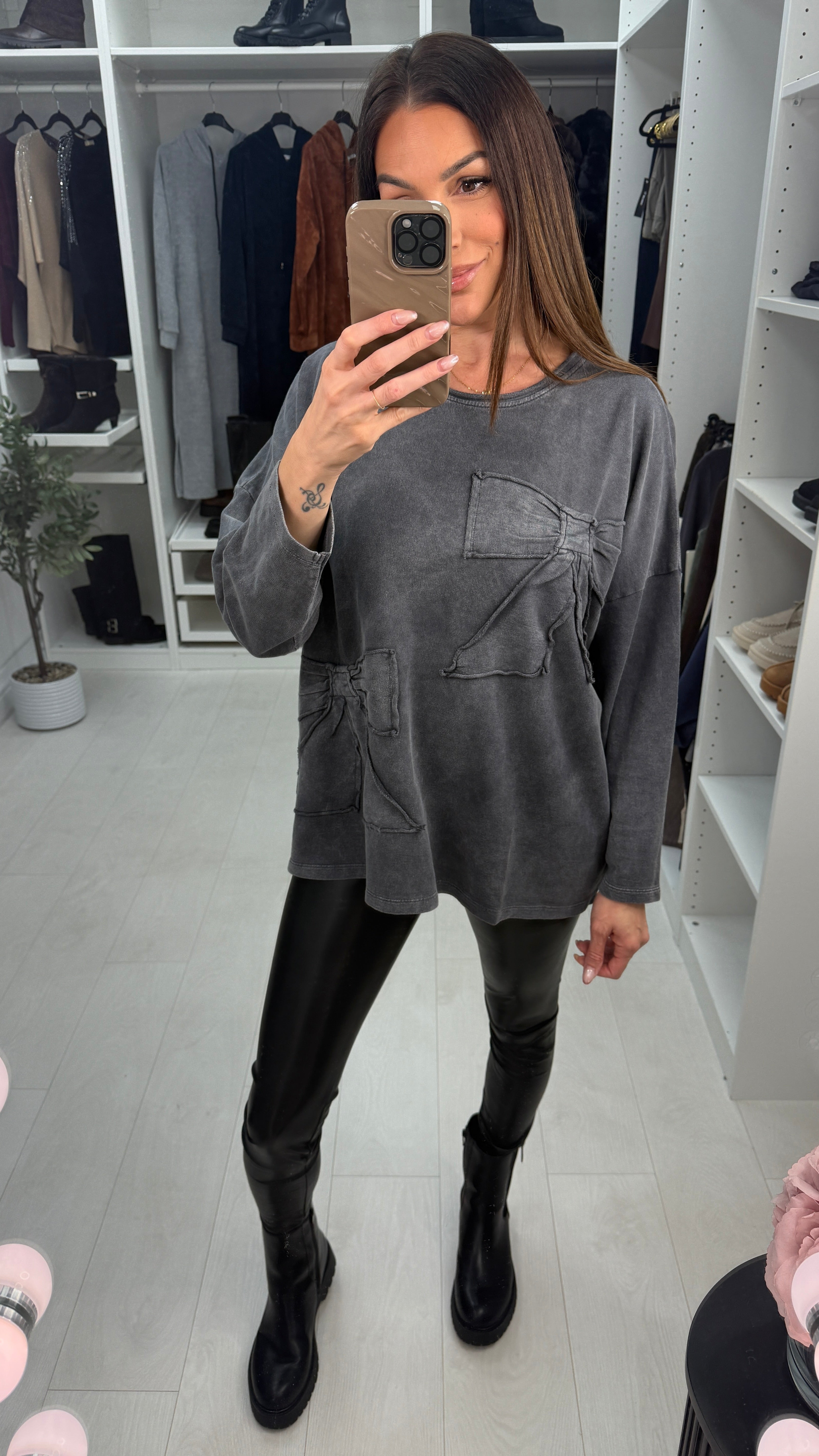 Cosette Grey Acid Wash Bow Detailed Sweatshirt