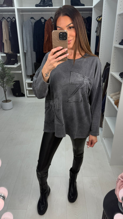 Cosette Grey Acid Wash Bow Detailed Sweatshirt