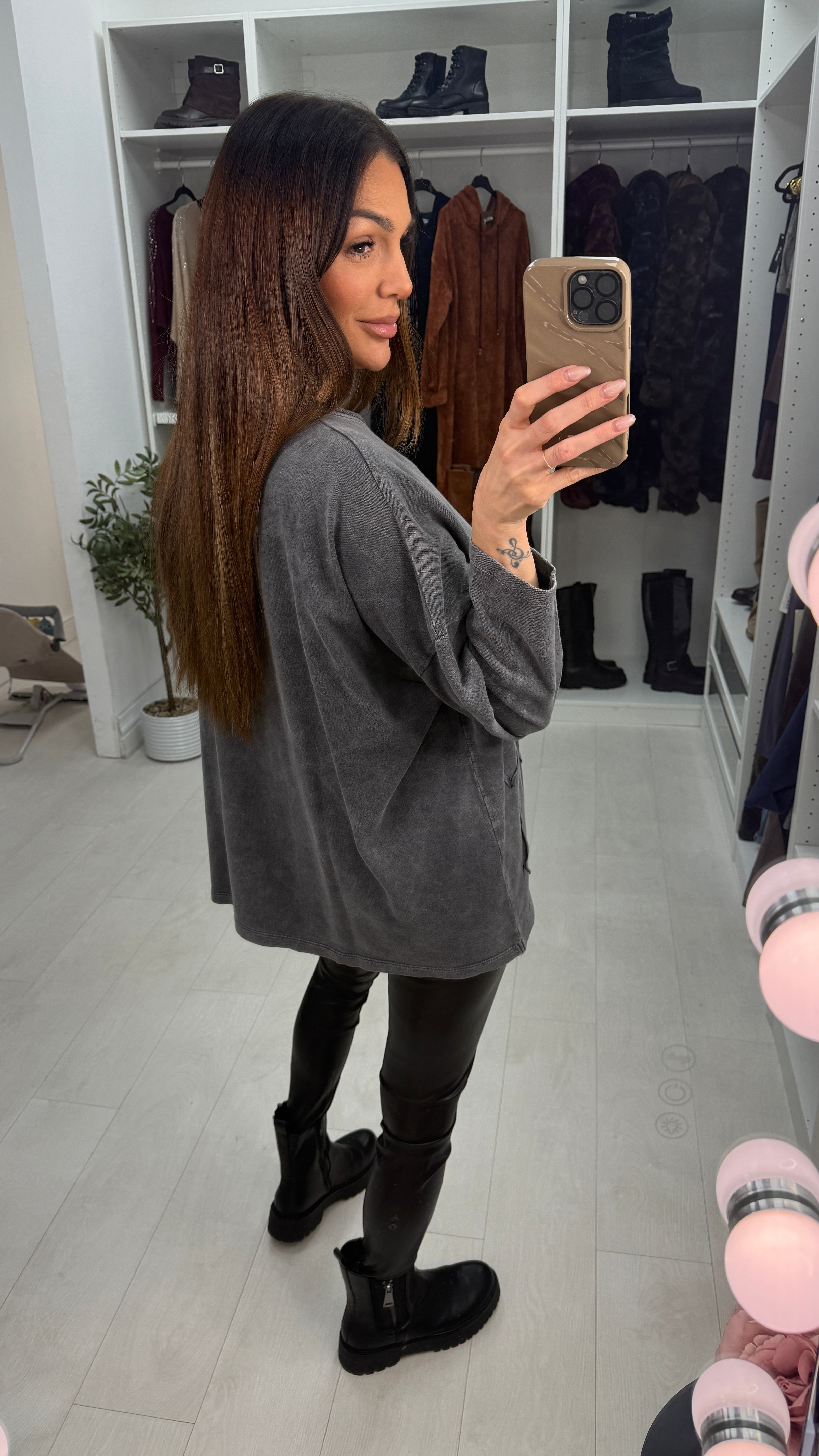 Cosette Grey Acid Wash Bow Detailed Sweatshirt