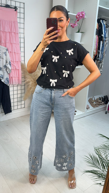 Emilea Denim Floral Detailed Wide Leg Jeans