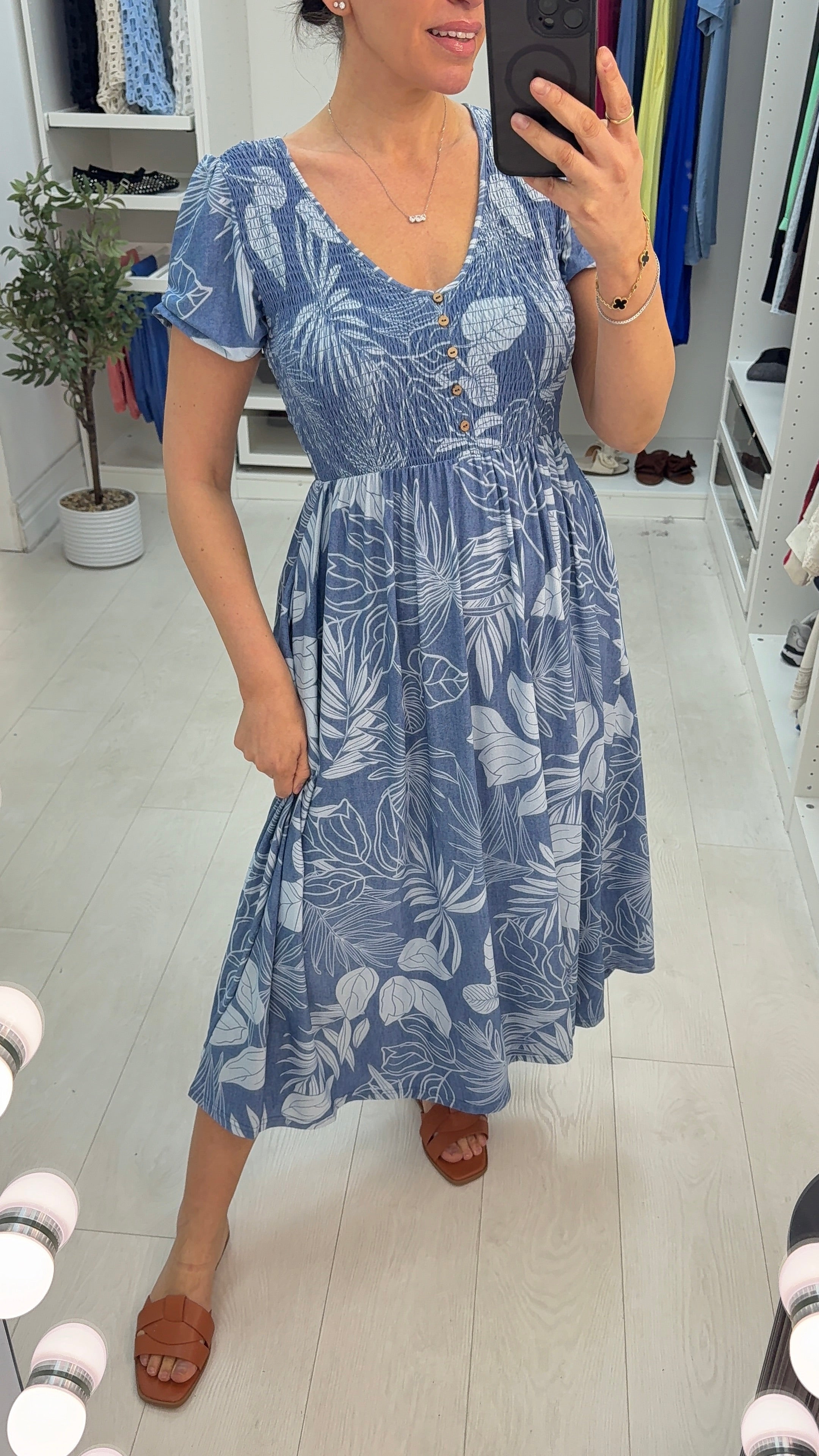 Synthea Leaf Print Shirred Bust Magic Midi Dress