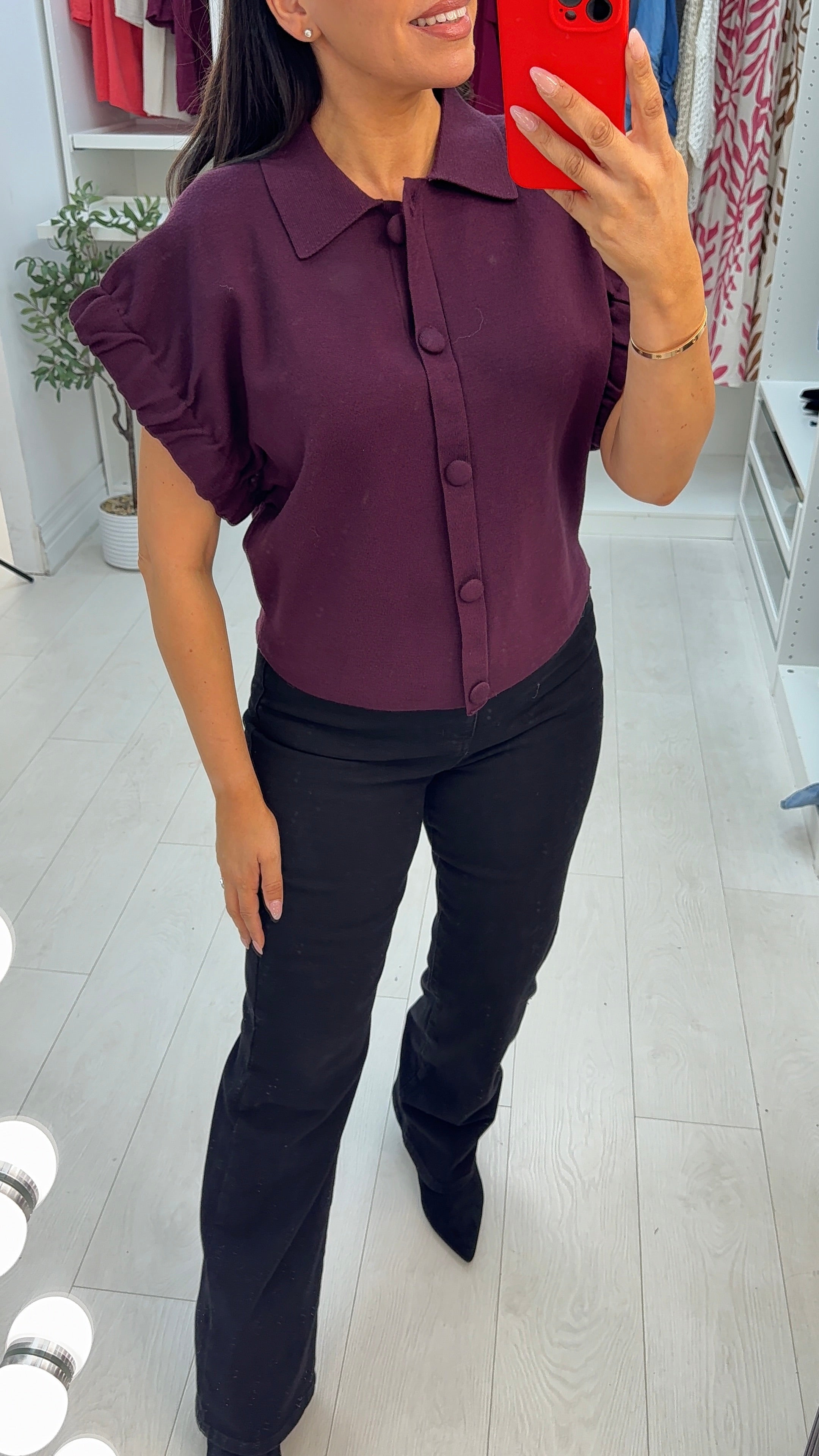 Calluna Plain Button Front Ruched Sleeve Jumper