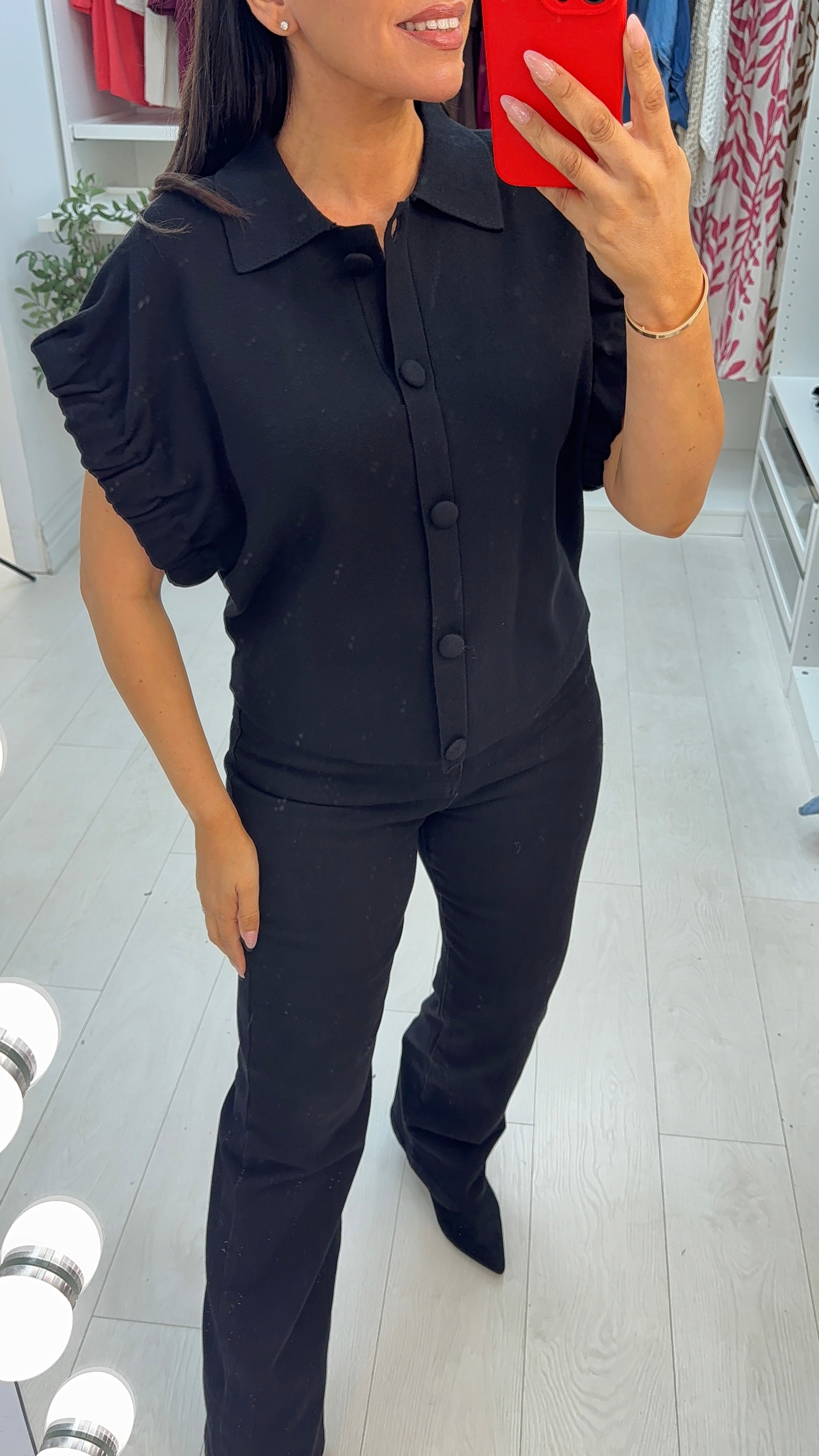 Calluna Plain Button Front Ruched Sleeve Jumper