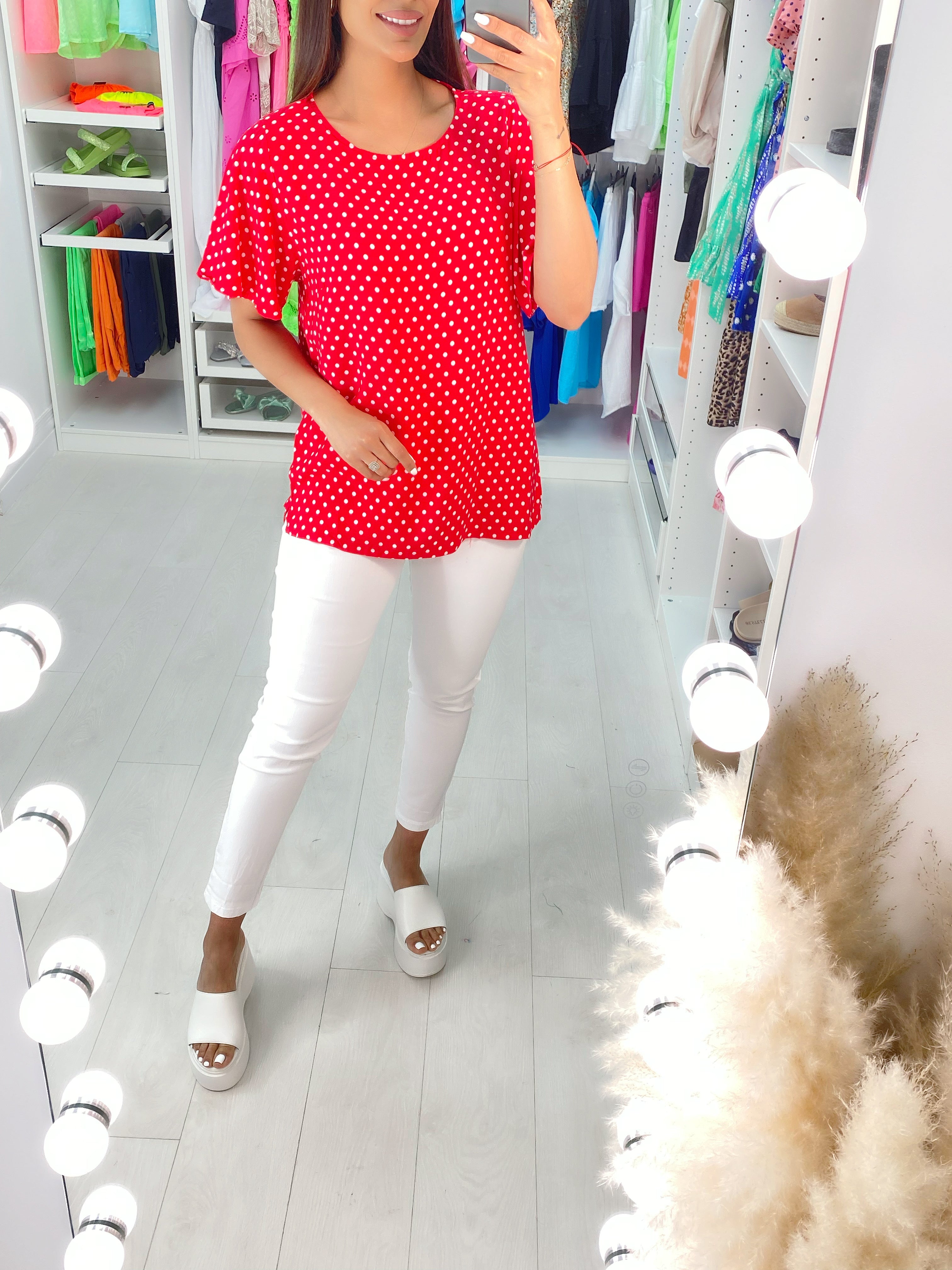 Ewa Polka Dot Button Back Top