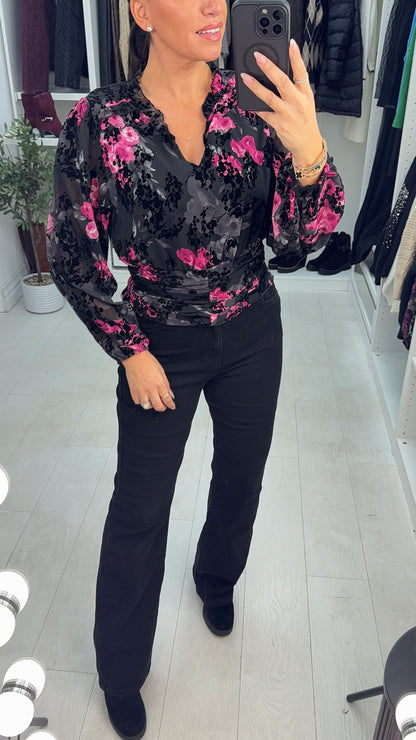 Issia Floral Print Elasticated V Neck Top