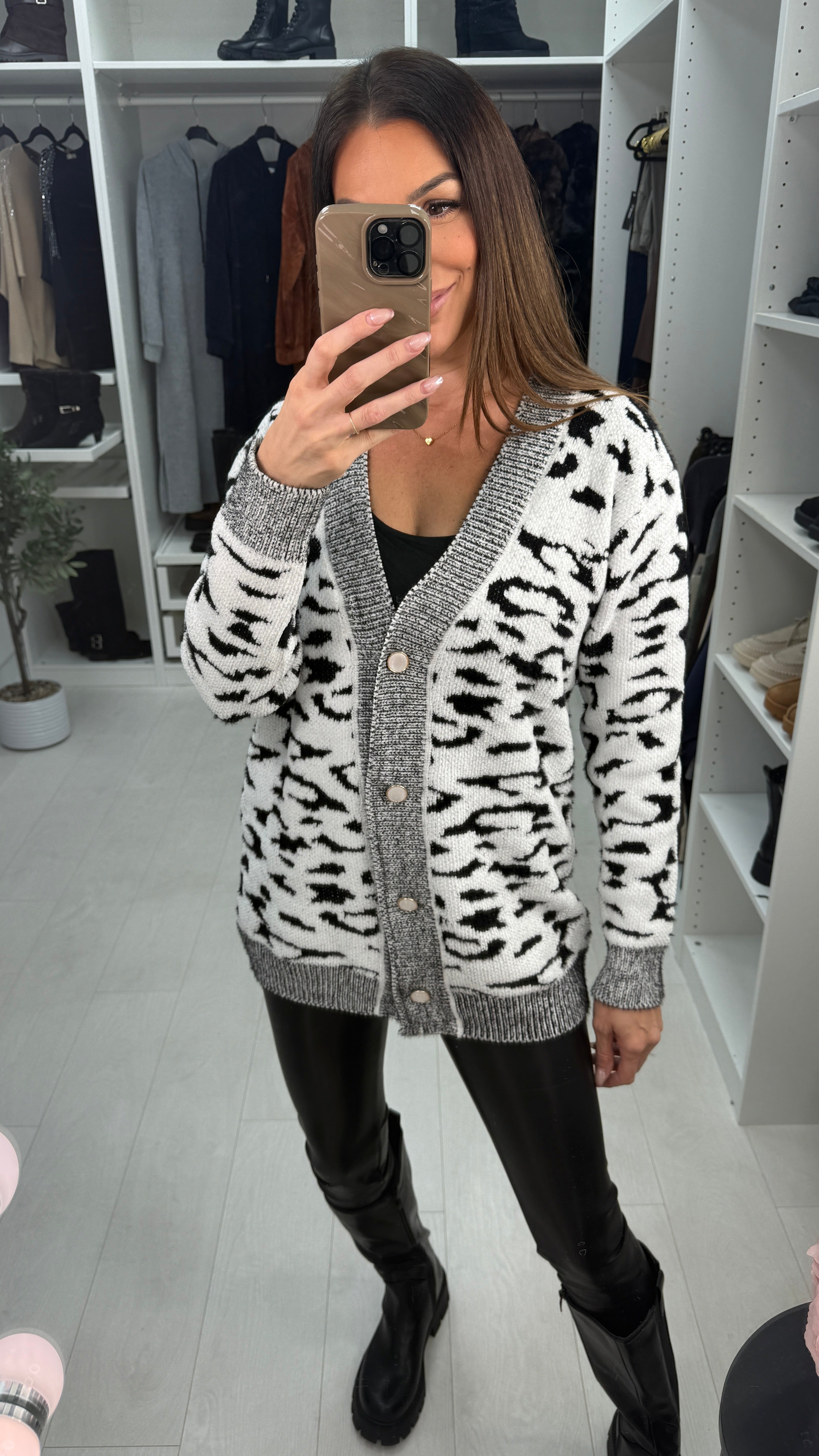 Janetta Fluffy Button Closure Longline Cardigan