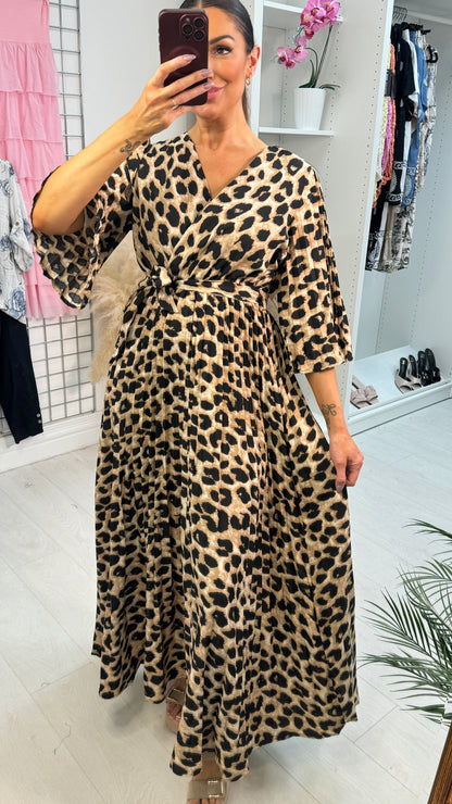Seona Leopard Print Pleated Maxi Dress